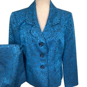 Collections Le Suit Womens Skirt Set 12 Teal Blue Floral Brocade Metallic Party